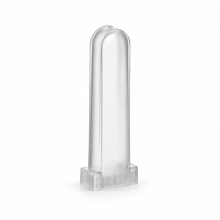 Illustrative rendering of an Abbott i2000-compatible reaction vessel with a rounded closed end and ribbed rectangular locating flange