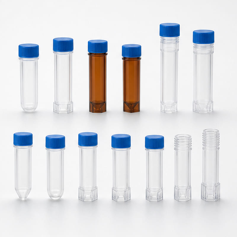 Cryogenic vial configuration options with clear and amber bodies, multiple caps and base geometries