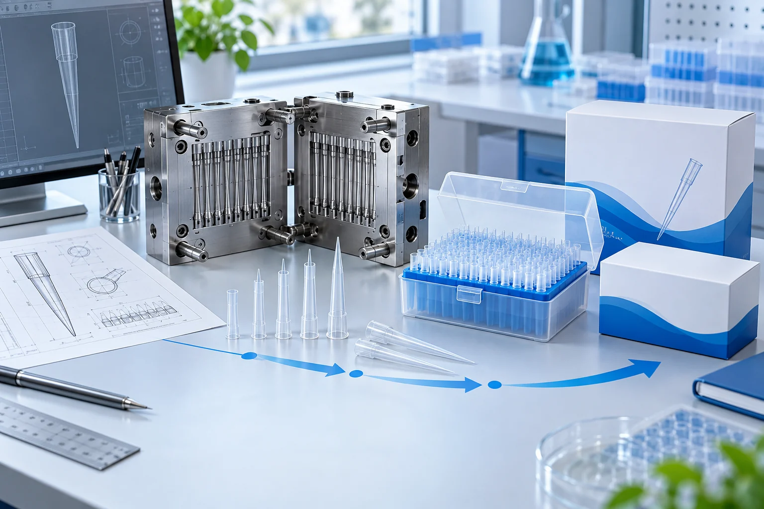 Technical drawing, precision mold, pipette tip samples, finished rack and private-label packaging
