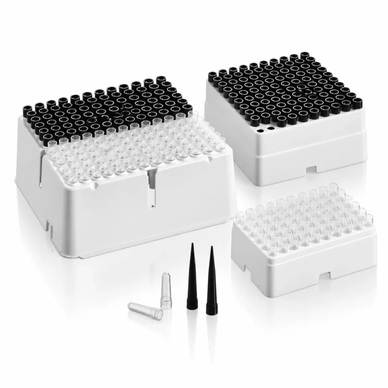 Illustrative rendering of Roche-compatible ECL cup racks, conductive tip racks and loose consumables