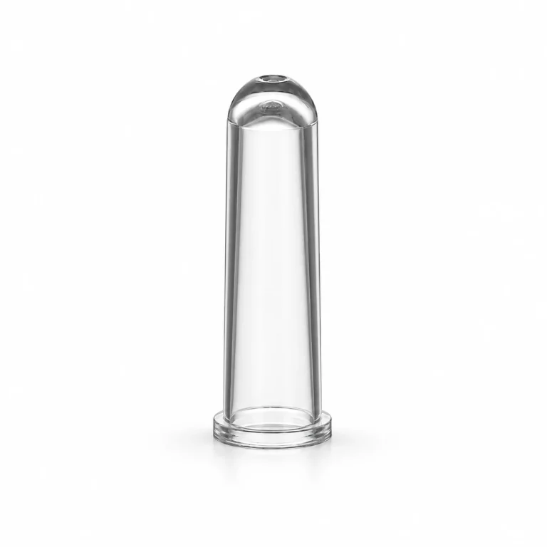 Illustrative rendering of a Sysmex CA530-compatible coagulation cuvette with an elongated cylindrical body, rounded closed end and circular flange